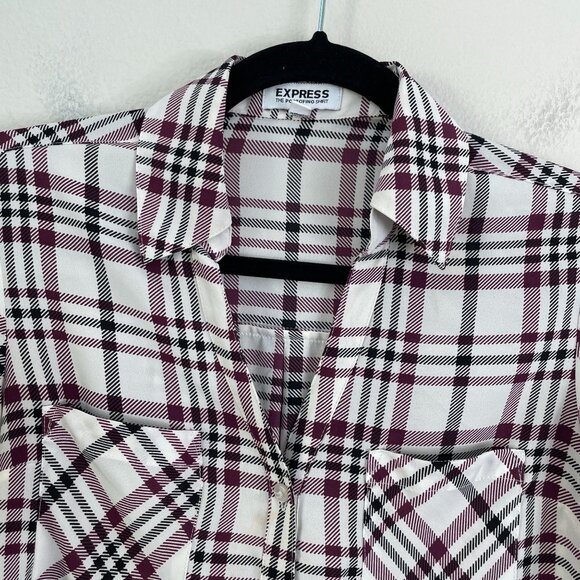 Express Portofino Shirt Womens XS Plaid Button Up Blouse Roll Tab Sleeve Top - Picture 2 of 8